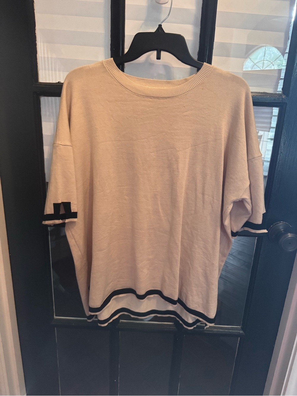 Women’s Oversized Beige Knit Top with Black Trim and matching shorts set
